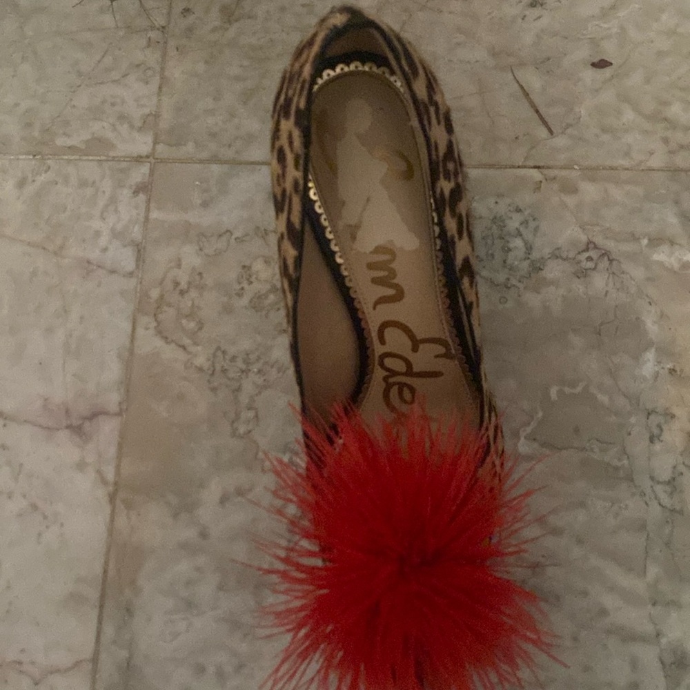 SAM EDELMAN HAIDE LEOPARD PRINT RED POM POM HEELS SIZE 8.5